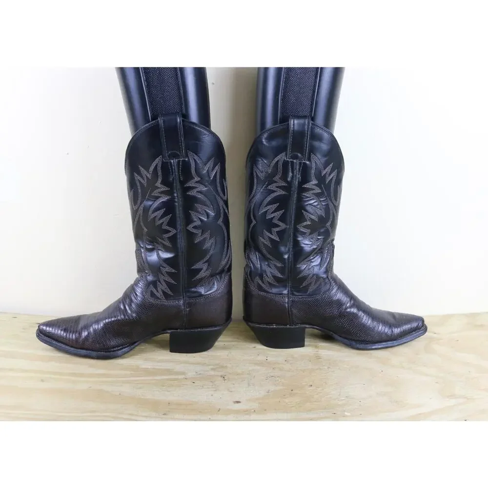 Vintage Justin Boots Mens 8.5B Black Brown Lizard Exotic Skin Western Cowboy USA